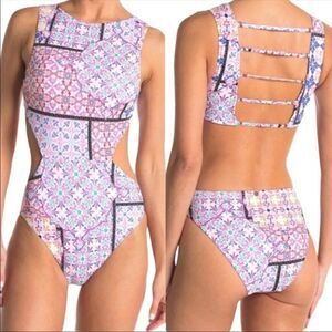 Nanette Lepore‎ Olive High Neck One Piece Open Back Pink Abstract Blue